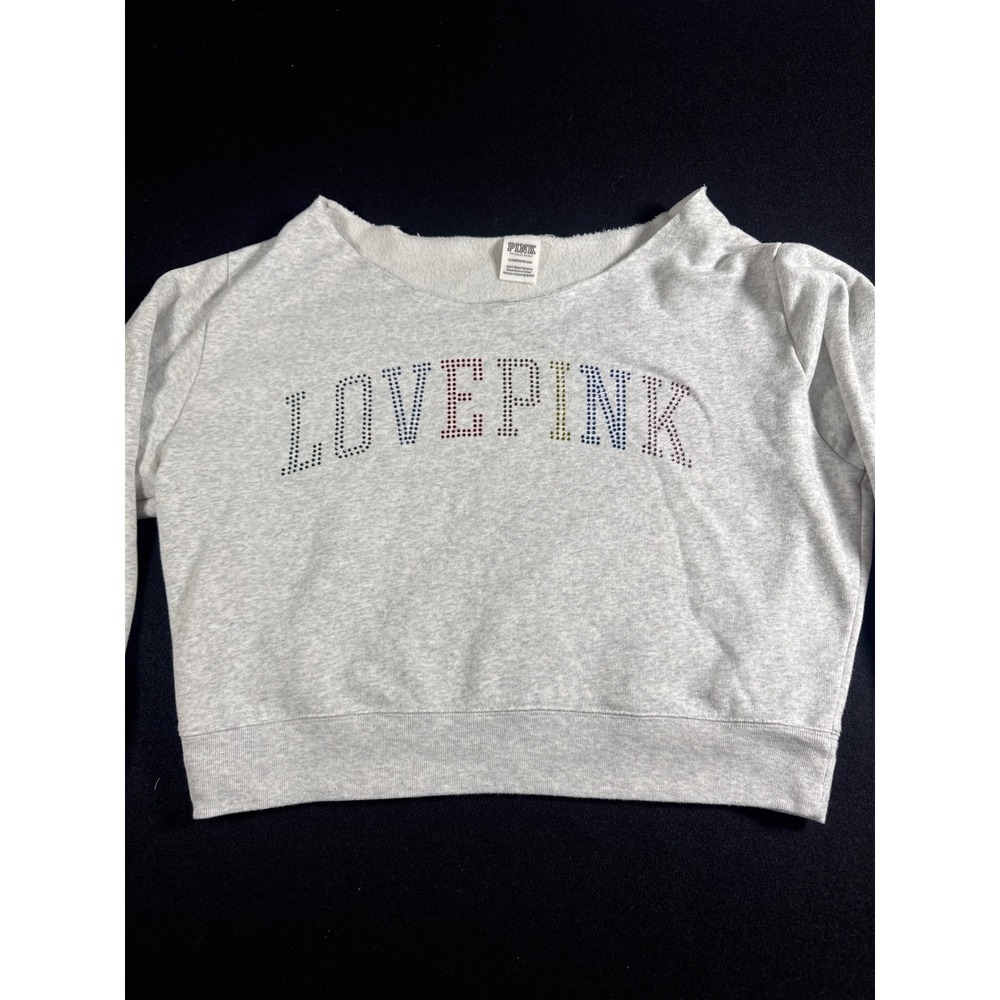 Pink Victoria's Secret Gray Rhinestone Love Pink Cropped Sweatshirt XL